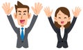The upper body of a male and female office worker who is pleased with raising both hands