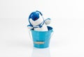 Funny animal - Dolphin is sitting in the blue iron bucket isolated, on white background. Dolphin is resting. Toy in the blue metal