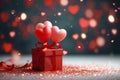 Image Valentines Day celebration red gift box, heart shaped balloons concept