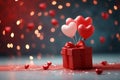 Image Valentines Day celebration red gift box, heart shaped balloons concept