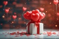 Image Valentines Day celebration red gift box, heart shaped balloons concept