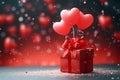 Image Valentines Day celebration red gift box, heart shaped balloons concept