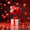 Image Valentines Day celebration red gift box, heart shaped balloons concept