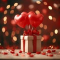 Image Valentines Day celebration red gift box, heart shaped balloons concept