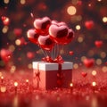 Image Valentines Day celebration red gift box, heart shaped balloons concept