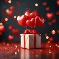 Image Valentines Day celebration red gift box, heart shaped balloons concept