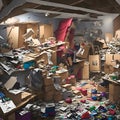 image of various messiest workshop fully filled with all kind of different messy environmental scene.