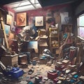 image of various messiest workshop fully filled with all kind of different messy environmental scene.