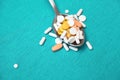 Image of various pills and tablets in spoon Royalty Free Stock Photo