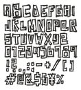 Thin Pen Doodle Block Bold Vector Font with Uppercase Letters, Numbers & Signs
