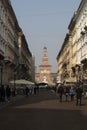 Image of via Dante in Milan with the entrance to the Sforza Castle under the Torre del Filarete in the background