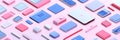 Vibrant and chaotic display of technology and office supplies