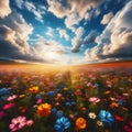 image of a vibrant field of wildflowers stretching to the horizon beneath a cloudy blue sky. Royalty Free Stock Photo