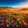 image of a vibrant field of wildflowers stretching to the horizon beneath a cloudy blue sky. Royalty Free Stock Photo