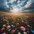 image of a vibrant field of wildflowers stretching to the horizon beneath a cloudy blue sky. Royalty Free Stock Photo