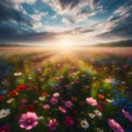 image of a vibrant field of wildflowers stretching to the horizon beneath a cloudy blue sky. Royalty Free Stock Photo