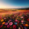 image of a vibrant field of wildflowers stretching to the horizon beneath a cloudy blue sky. Royalty Free Stock Photo