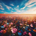 image of a vibrant field of wildflowers stretching to the horizon beneath a cloudy blue sky. Royalty Free Stock Photo
