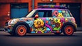 Image of a vibrant mini car with decals parked on the side of the road