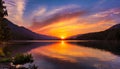 An image of a vibrant sunset over a serene lake, with colorful reflections shimmering