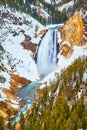 Vibrant Yellowstone Upper Falls in winter by cliffs Royalty Free Stock Photo