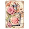 Victorian watercolor perfume card illustration, vintage victorian pink clipart