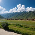 a view from afar of the Paro Valley, Bhutan.