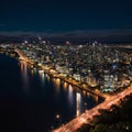 view on interesting modern bridge at night with city skyline in the background (story