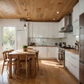 View of a modern white kitchen, in the foreground, is the island kitchen with induction hob, the floor and the ceiling are