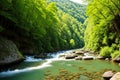 View of peaceful river with clear water in famous Wutach Gorge (\