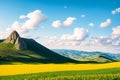 Viewpoint on a landscape of mount Bobija, hills, haystacks, meadows and colorful trees . Close-up of a Royalty Free Stock Photo