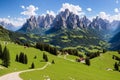 Views of the Dolomites at the Sella Pass in Val Gardena, Trentino Alto Adige, at the foot of the Sasso Lungo