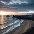 Vik, Iceland - October 14, 2021: Clouds roll over the black sand beaches of the town as the dramatic landscape creates