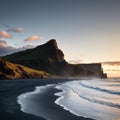 Vik, Iceland - October 14, 2021: Clouds roll over the black sand beaches of the town as the dramatic landscape creates