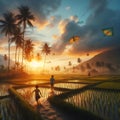 image of village kids flying kite around their paddy field area. Royalty Free Stock Photo