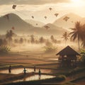 image of village kids flying kite around their paddy field area. Royalty Free Stock Photo