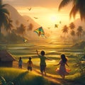 image of village kids flying kite around their paddy field area. Royalty Free Stock Photo