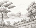 The drawing landscape pattern of ancient European forests of trees is black and white. Royalty Free Stock Photo