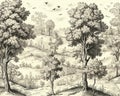 The drawing landscape pattern of ancient European forests of trees is black and white. Royalty Free Stock Photo