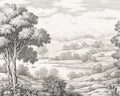 The drawing landscape pattern of ancient European forests of trees is black and white. Royalty Free Stock Photo