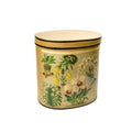 Image of a vintage hatbox isolated on white. closed lid. With decoupage