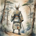image of the vintage Japanese watercolor,wondering Ronin looking for vengeance.