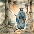image of the vintage Japanese watercolor,wondering Ronin looking for vengeance.