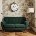 Vintage room with wallpaper old fashioned armchair retro tv phone clocks radio player and standart lamp