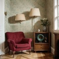 Vintage room with wallpaper old fashioned armchair retro tv phone clocks radio player and standart lamp