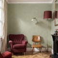 Vintage room with wallpaper old fashioned armchair retro tv phone clocks radio player and standart lamp