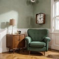 Vintage room with wallpaper old fashioned armchair retro tv phone clocks radio player and standart lamp