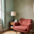 Vintage room with wallpaper old fashioned armchair retro tv phone clocks radio player and standart lamp