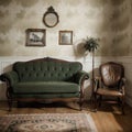 Vintage room with wallpaper and old fashioned armchair Rustic interior design Royalty Free Stock Photo