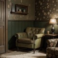 Vintage room with wallpaper and old fashioned armchair Rustic interior design Royalty Free Stock Photo